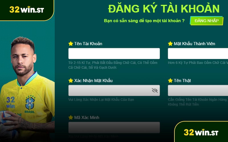 Đăng ký 32Win - Điền đúng thông tin vào biểu mẫu